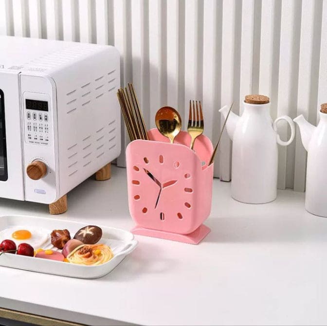 Clock Plastic Cutlery Holder, Storage Rack For Chopstick Fork Spoon Spatula, Countertop Organizer, Kitchen Gadgets With Drain Design, Plastic Knife Holder Clock Plastic Cutlery Holder, Storage Rack For Chopstick Fork Spoon Spatula, Countertop Organizer, Kitchen Gadgets With Drain Design, Plastic Knife Holder